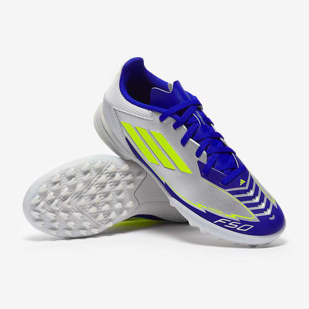 Adidas F50 League Messi Tf J 'Silver Metallic/ Solar Yellow' product image 1, provided for visual reference and product