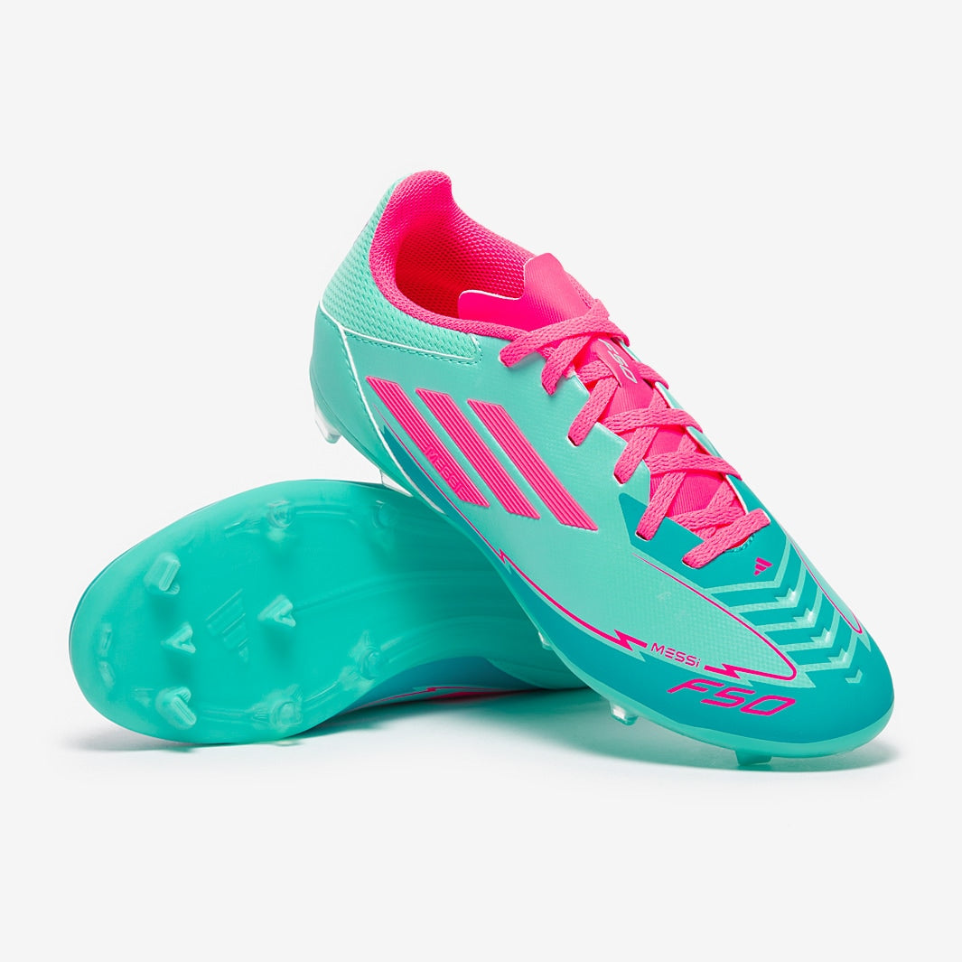 Adidas F50 League Messi Fg/Mg Junior 'Flash Aqua' product image 1, provided for visual reference and product detail review
