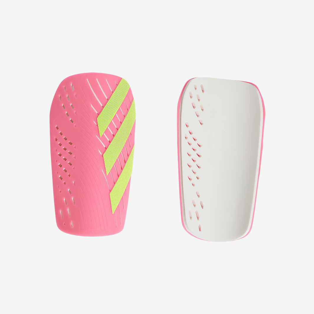Adidas Tiro Club Shin Guards 'Lucid Pink/ Lucid Lemon' product image 1, provided for visual reference and product detail