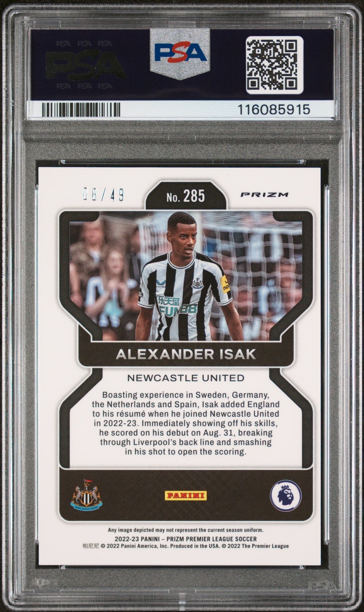 2022-23 Panini Prizm Premier League #285 Alexander Isak Red Breakaway Prizm/49 - Psa 10 product image 2, provided for visual