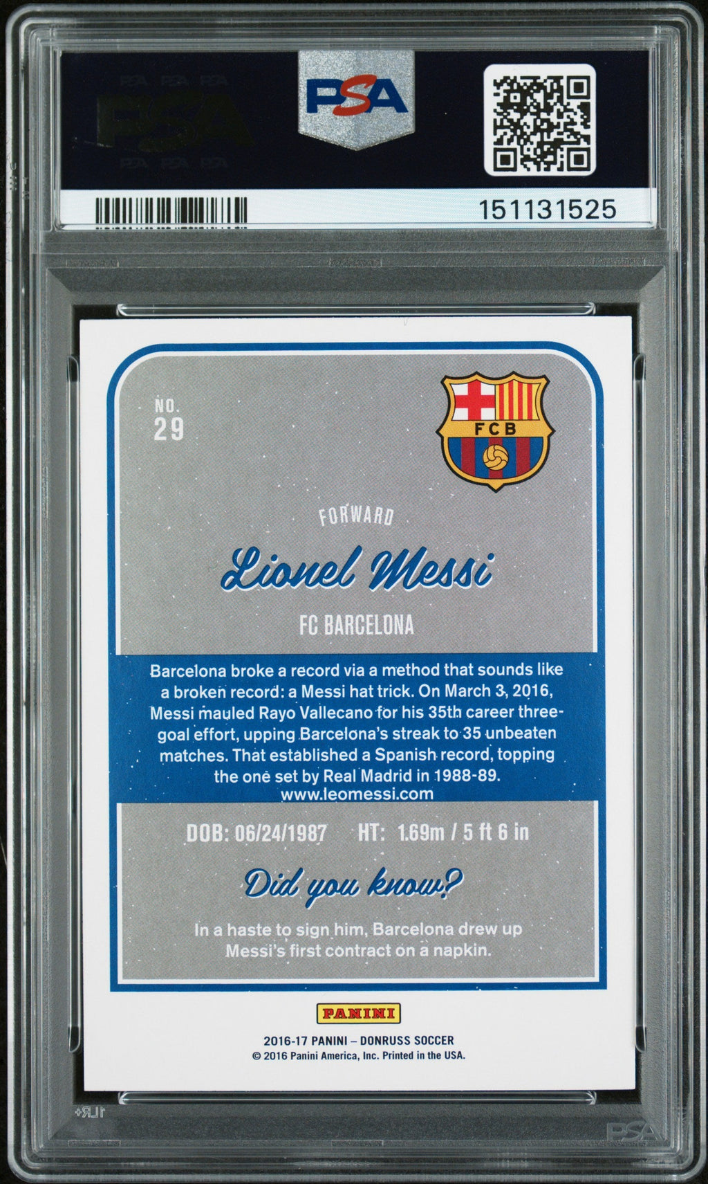 2016-17 Panini Donruss #29 Lionel Messi Psa 9 product image 2, provided for visual reference and product detail review