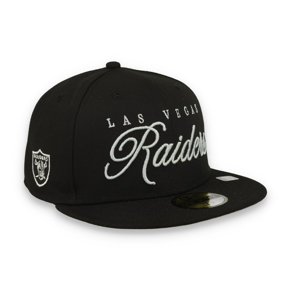 New Era Las Vegas Raiders Scripted 59FIFTY Fitted Hat-Black/Black product image 1, provided for visual reference and product