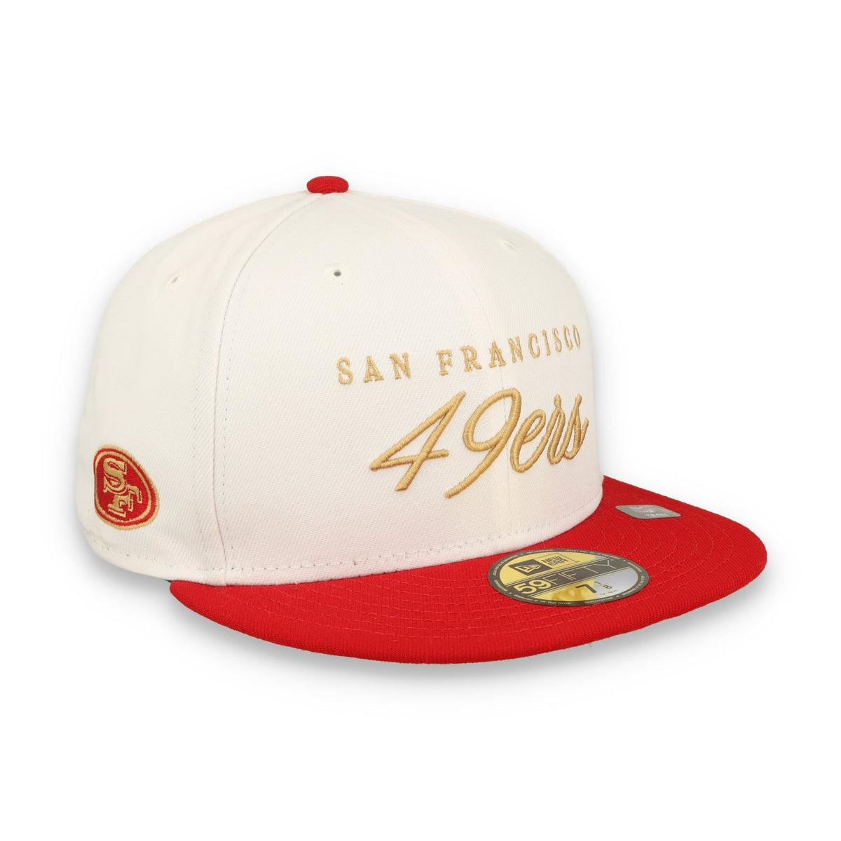 New Era San Francisco 49ers Scripted 59FIFTY Fitted Hat-White/Red product image 1, provided for visual reference and product