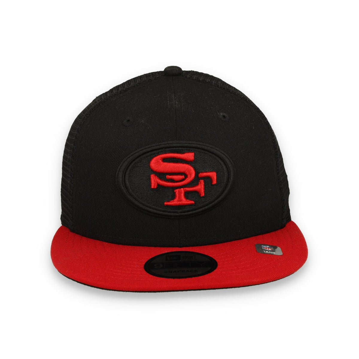 Exclusive New Era San Francisco 49ers Oval 9FIFTY Trucker Hat-Black/Red product image 1, provided for visual reference and