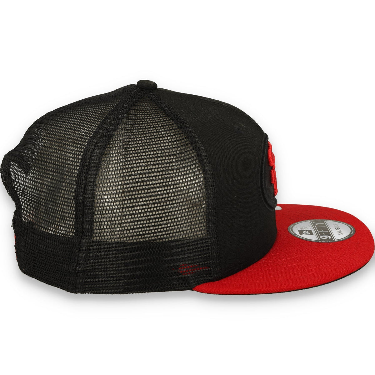 Exclusive New Era San Francisco 49ers Oval 9FIFTY Trucker Hat-Black/Red product image 5, provided for visual reference and