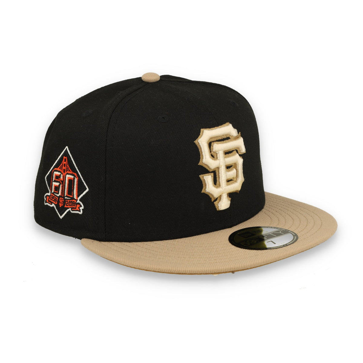 New Era San Francisco Giants 60th Anniversary Side Patch 59FIFTY Fitted Hat-Black/Camel product image 1, provided for visual