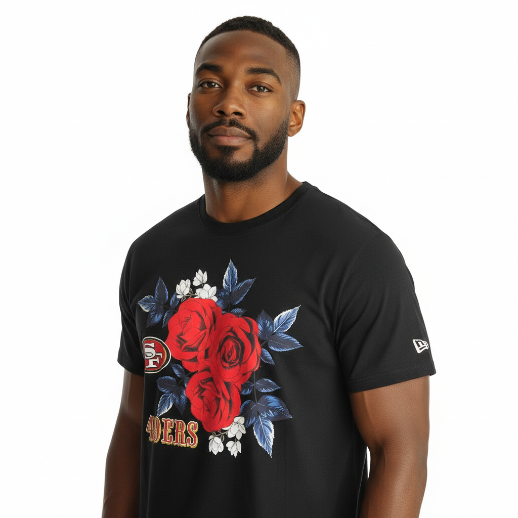New Era Men San Francisco 49ers Graphic Roses Black T-Shirt product image 3, provided for visual reference and product