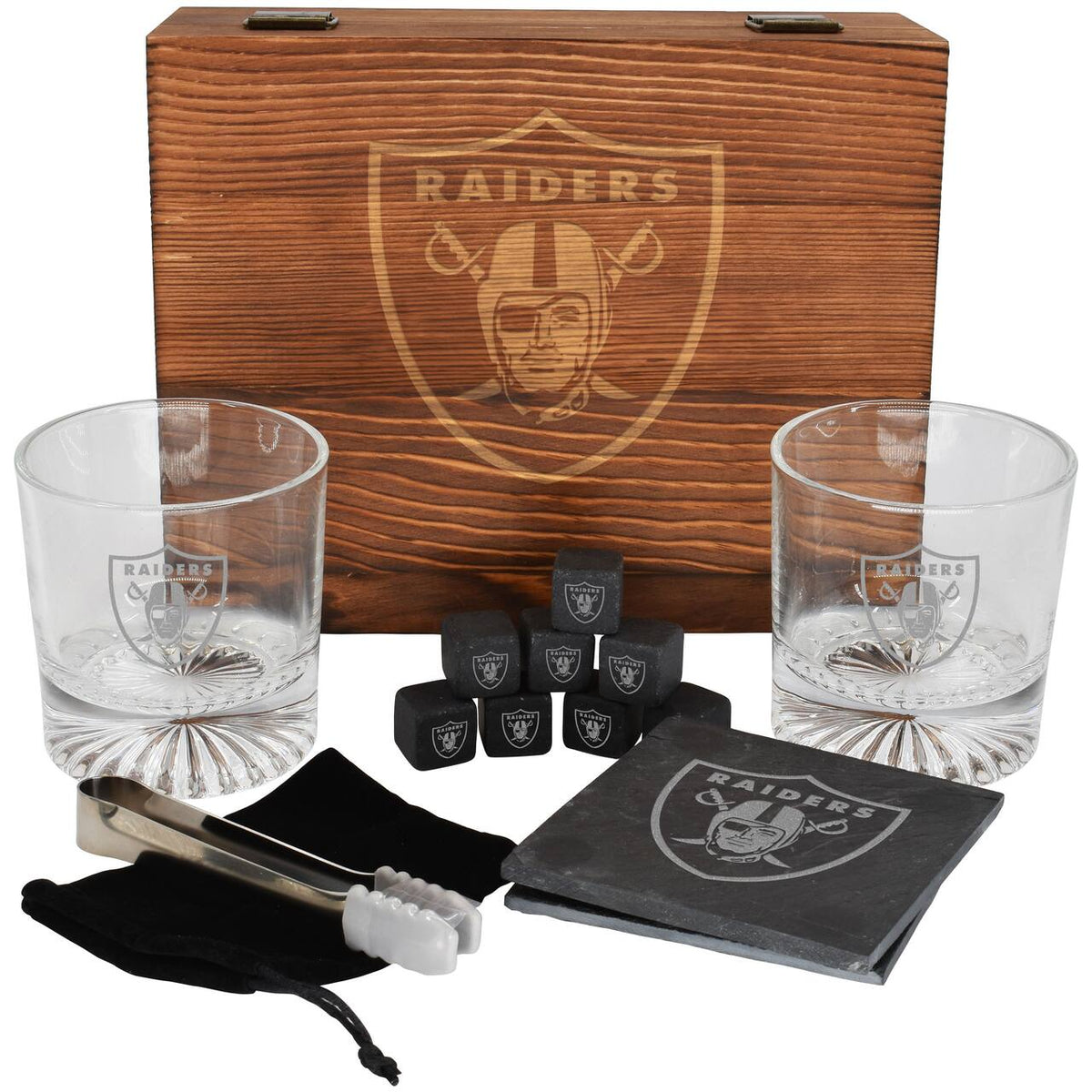 Las Vegas Raiders Wood Boxed Drinkware Set with Coasters product image 1, provided for visual reference and product detail