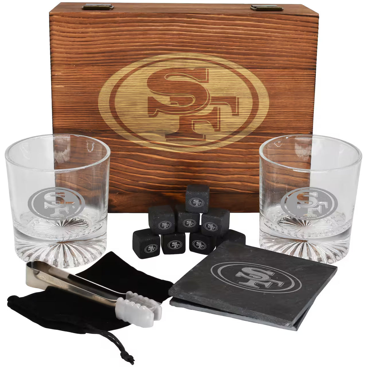 San Francisco 49ers Wood Boxed Drinkware Set with Coasters product image 1, provided for visual reference and product detail