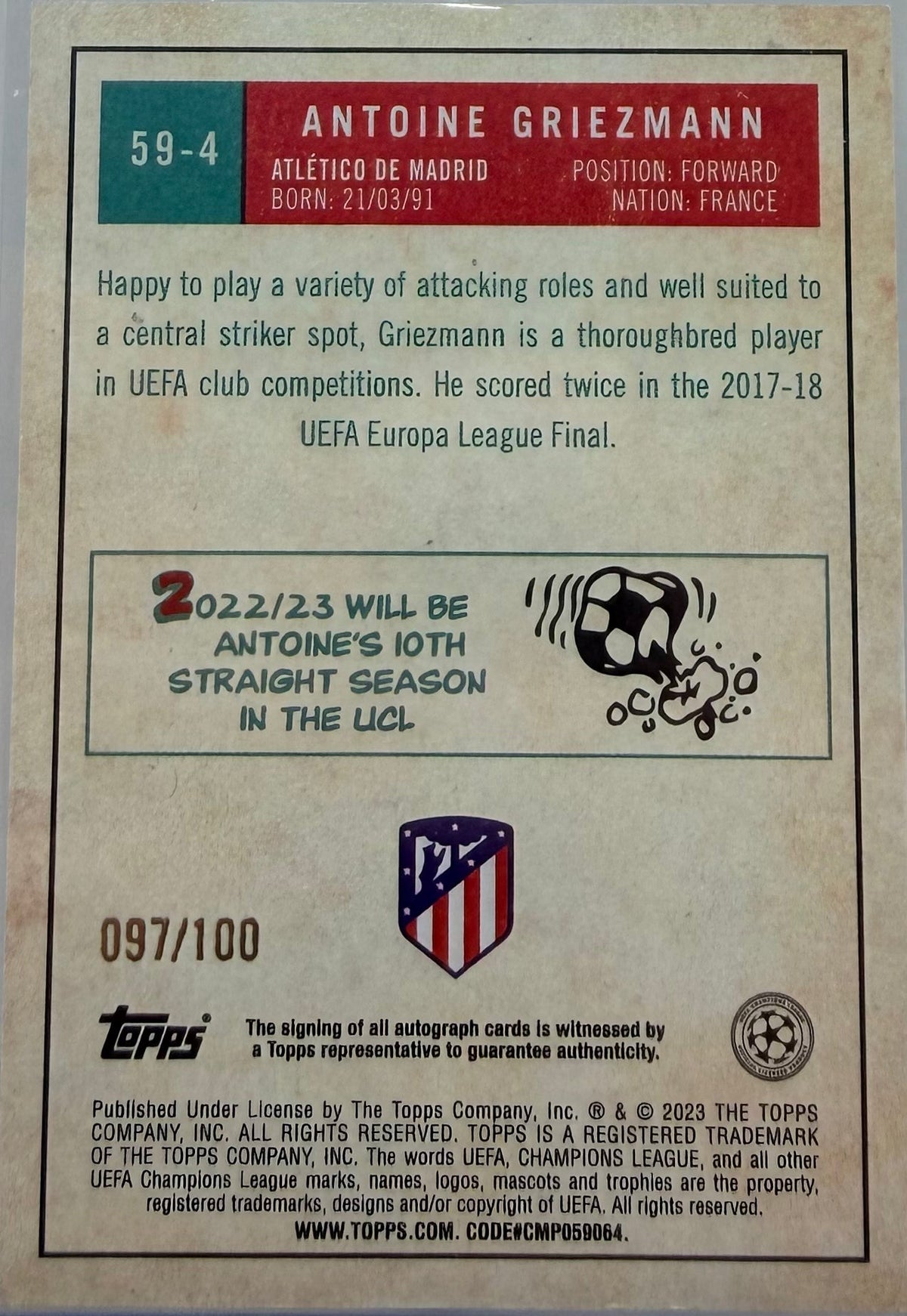 2022-2023 Topps Uefa Champions League Greizmann Auto #/100 product image 2, provided for visual reference and product detail