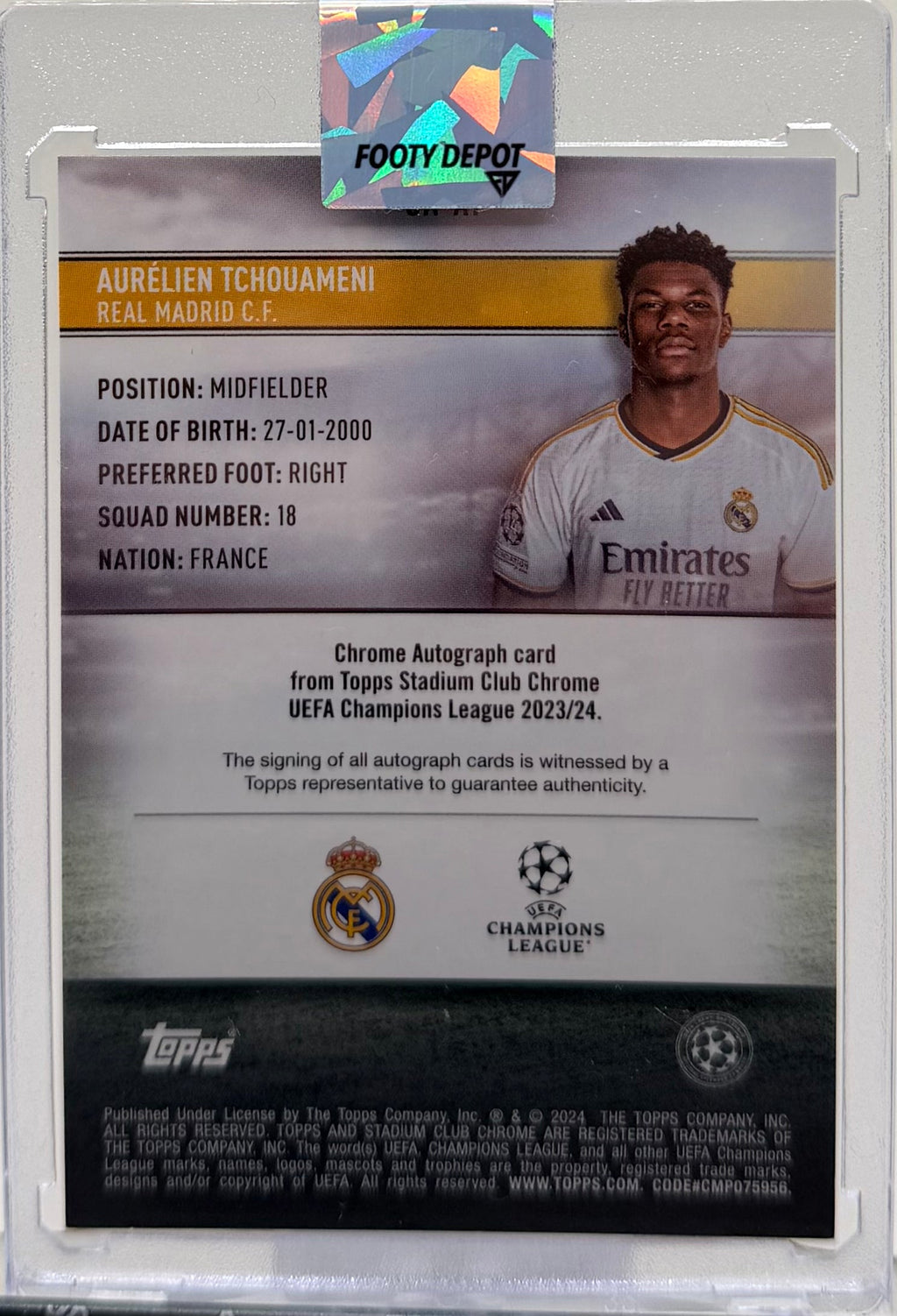 2023-24 Topps Chrome Stadium Club Ucc Aurelien Tchouameni Auto Black #/10 product image 2, provided for visual reference and