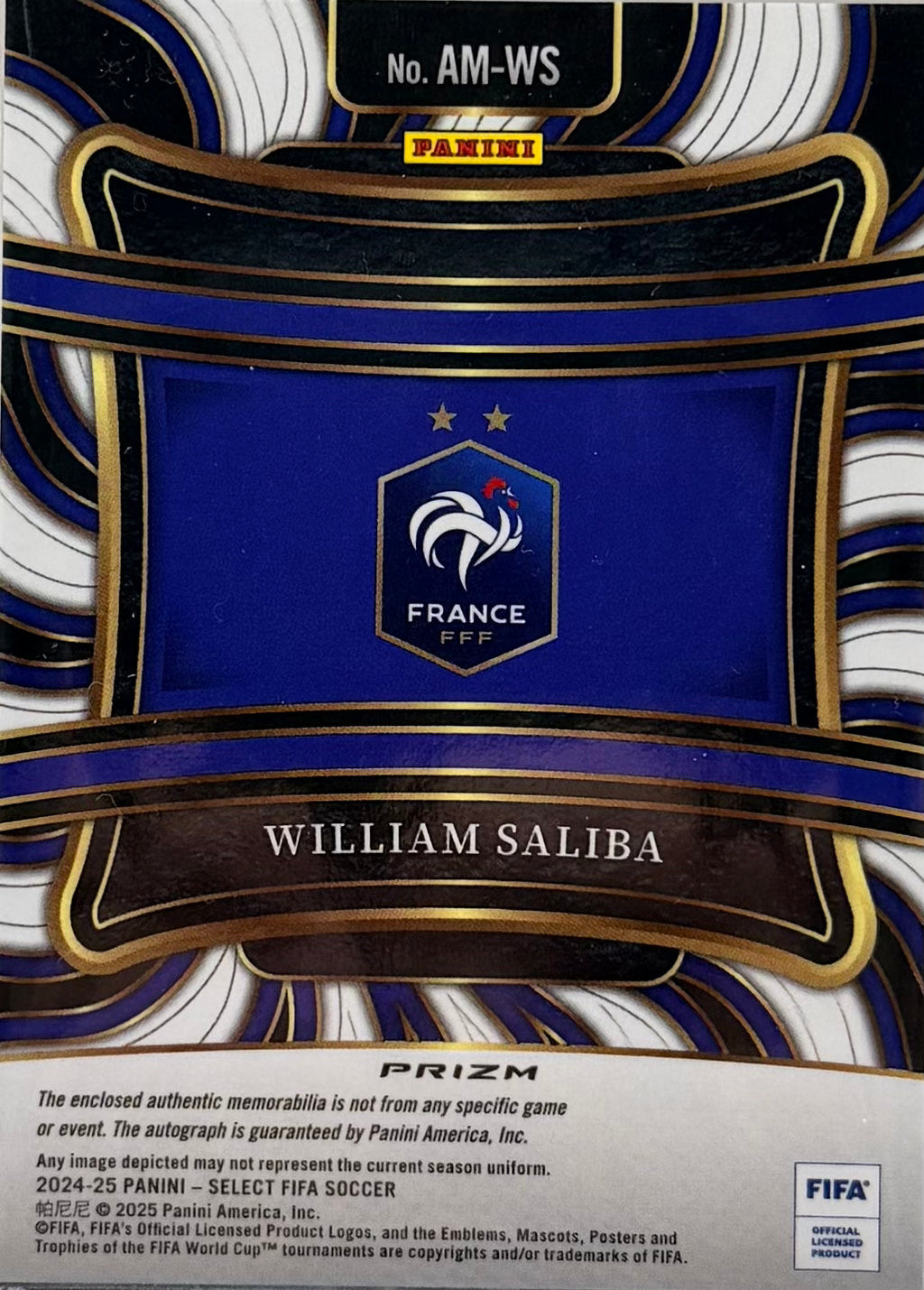 2024-2025 Panini Select Fifa William Saliba Relic Patch Auto product image 2, provided for visual reference and product