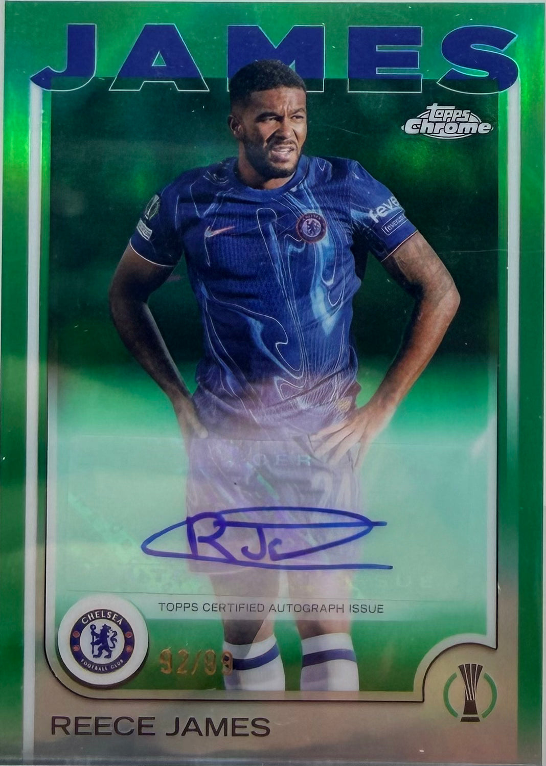 2024-2025 Topps Chrome Ucc Reece James Green Refractor Auto #/99 product image 1, provided for visual reference and product
