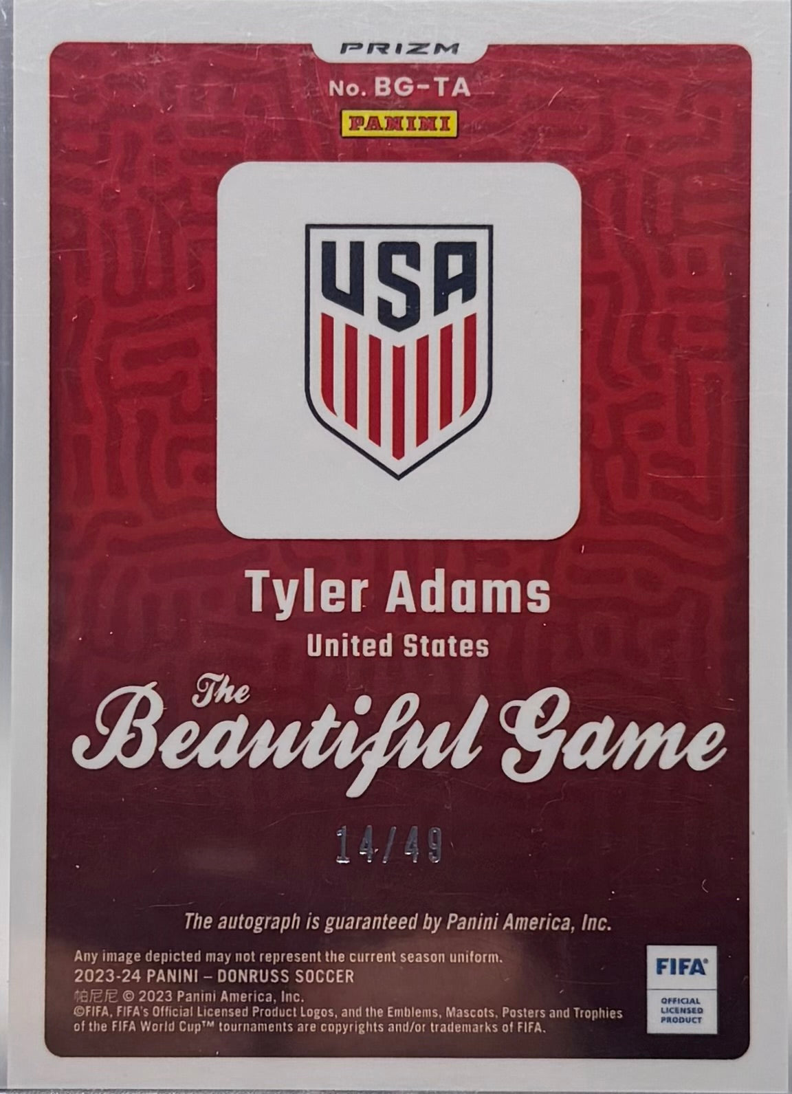 2023-2024 Donruss Fifa The Beautiful Game Auto Red Tyler Adams Auto #/49 product image 2, provided for visual reference and