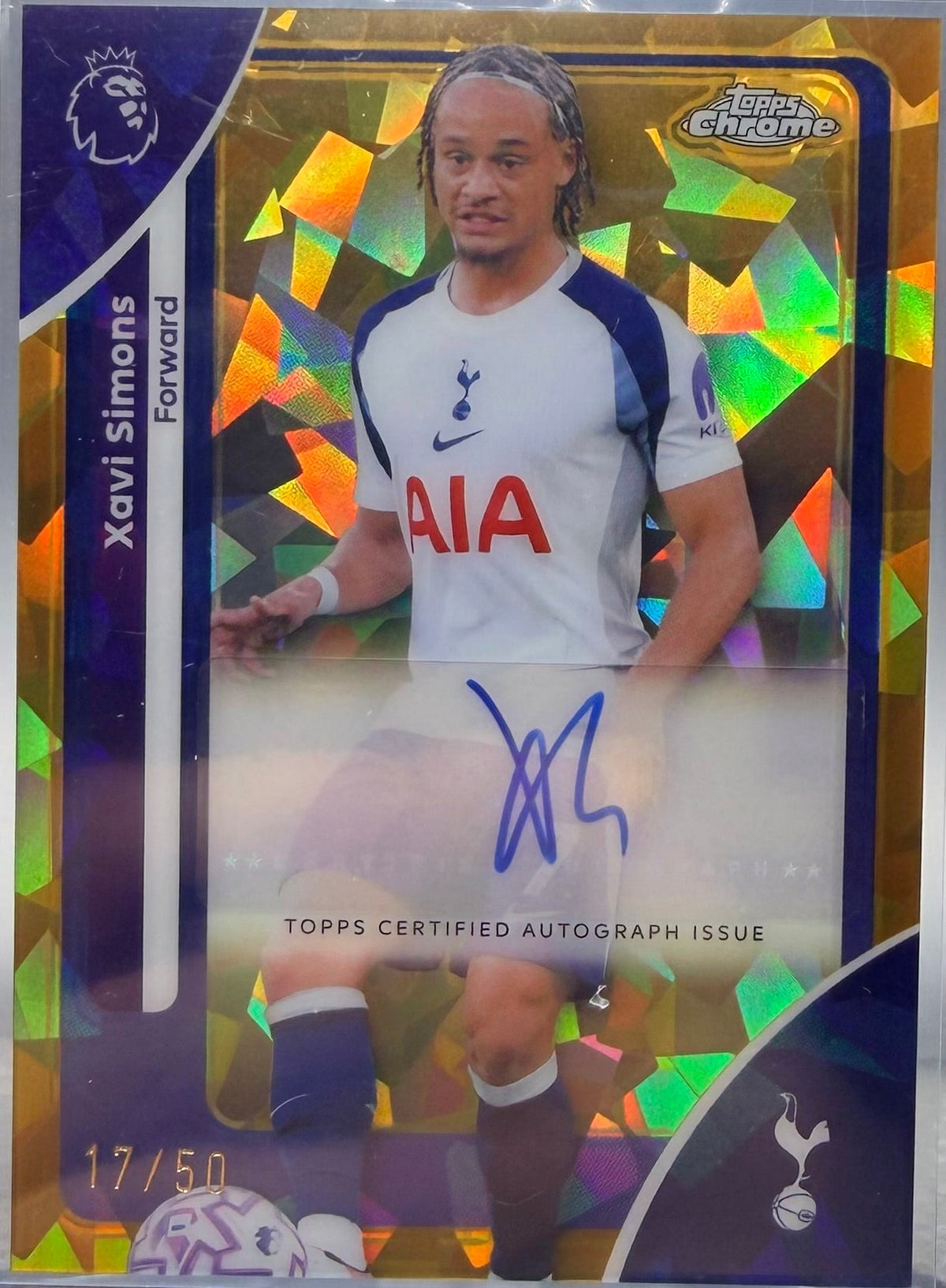 Xavi Simons 2026 Topps Chrome Premier League Sapphire Gold Auto /50 product image 1, provided for visual reference and
