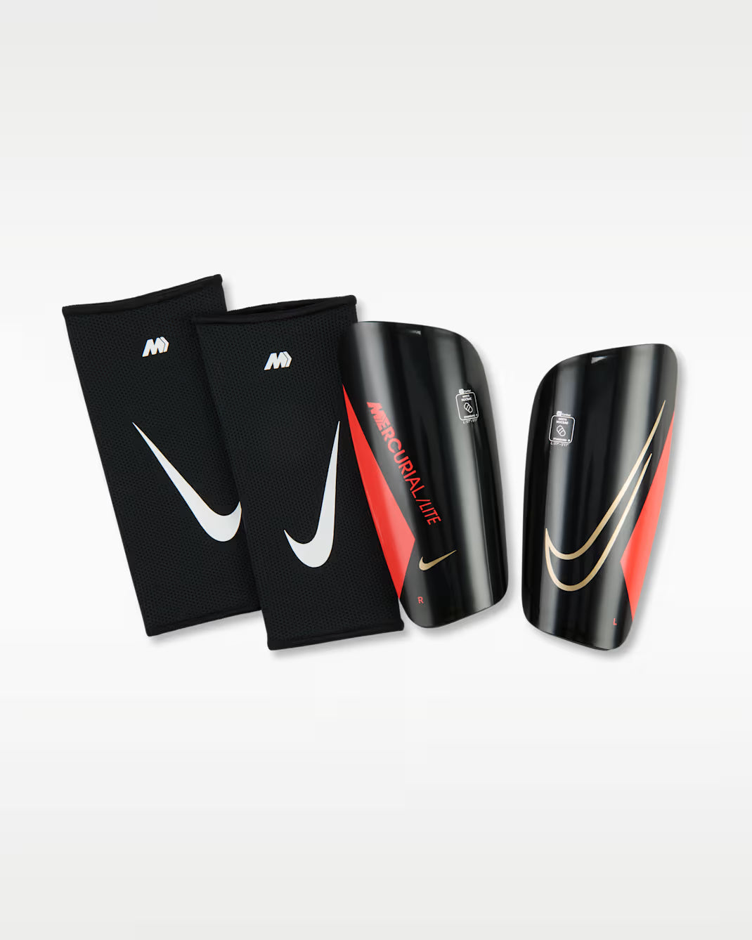 Nike Mercurial Lite Soccer Shin Guards-BLACK/ Bright Crimson product image 1, provided for visual reference and product