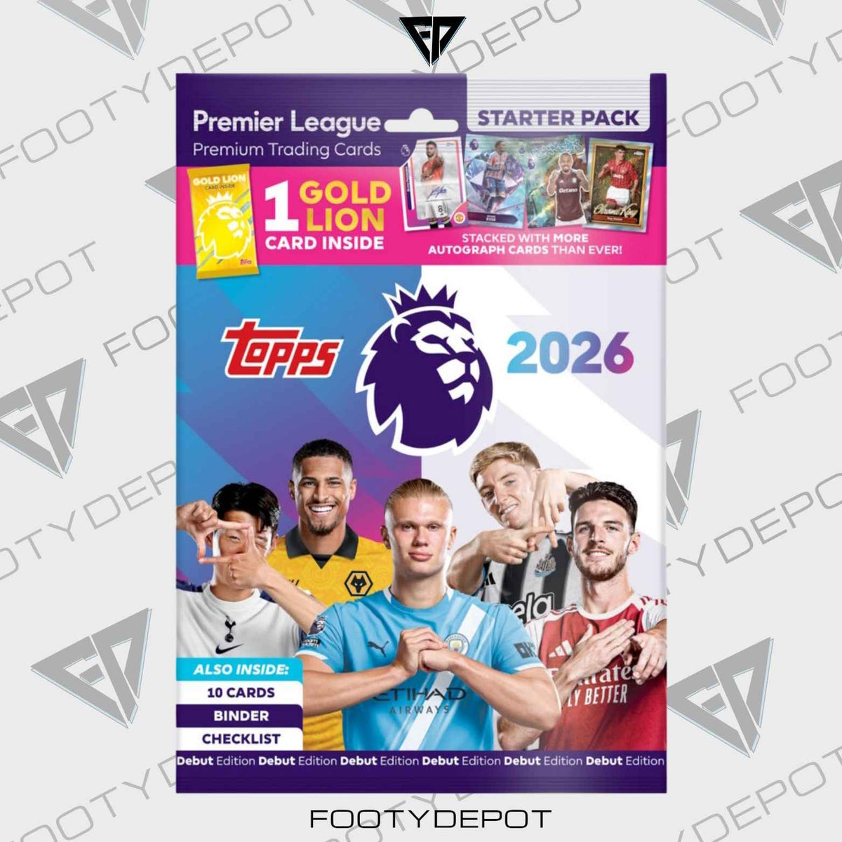 2025-26 Topps Premier League Debut Edition Cards – Starter Pack (Album, 10 Cards + Gold Lion Card) product image 1, provided