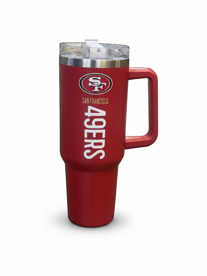 San Francisco 49ers 40 oz Stainless Steel Team Color Flip Straw Tumbler product image 1, provided for visual reference and