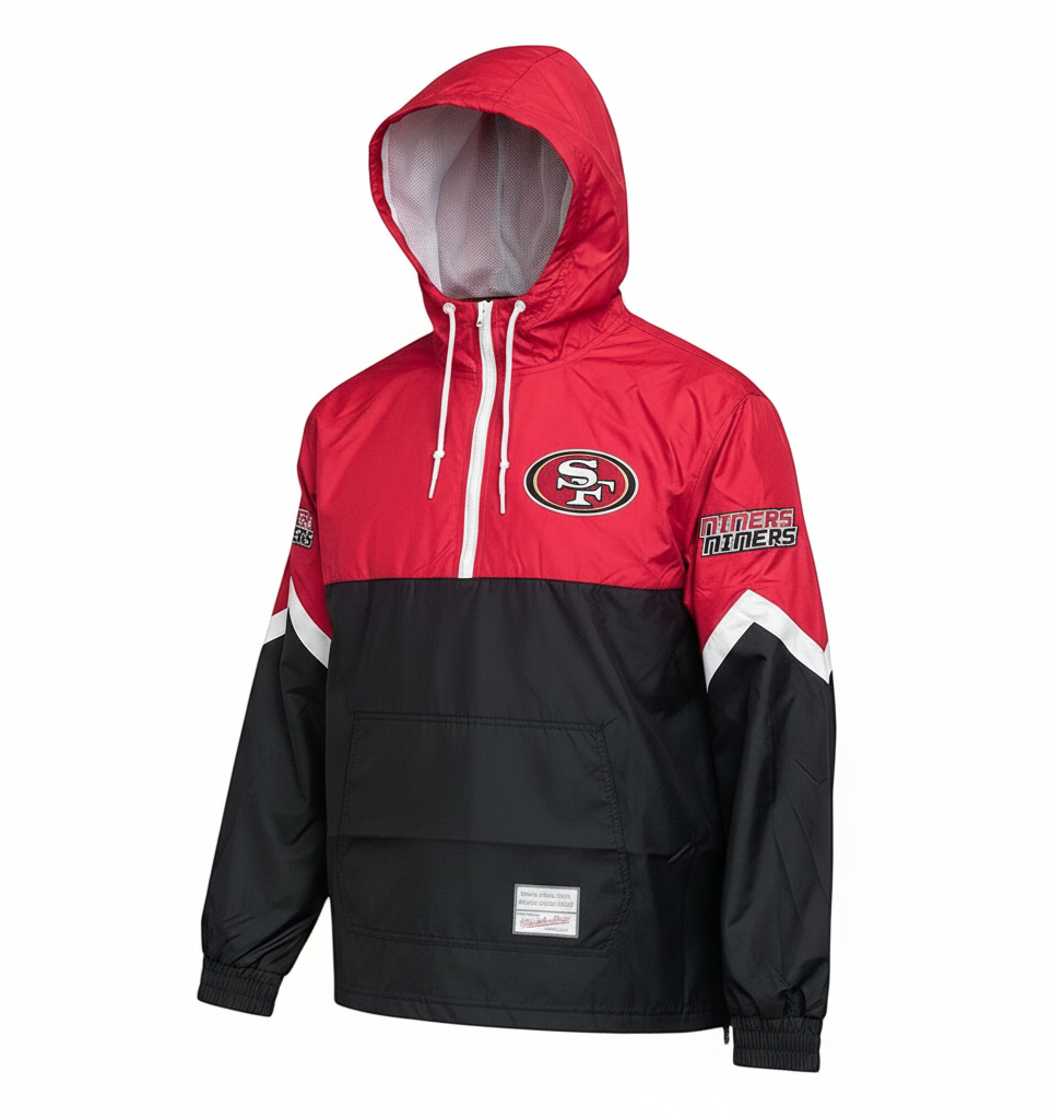 Mitchell & Ness San Francisco 49ers Triple Check Premium Quarter-Zip Windbreaker product image 1, provided for visual