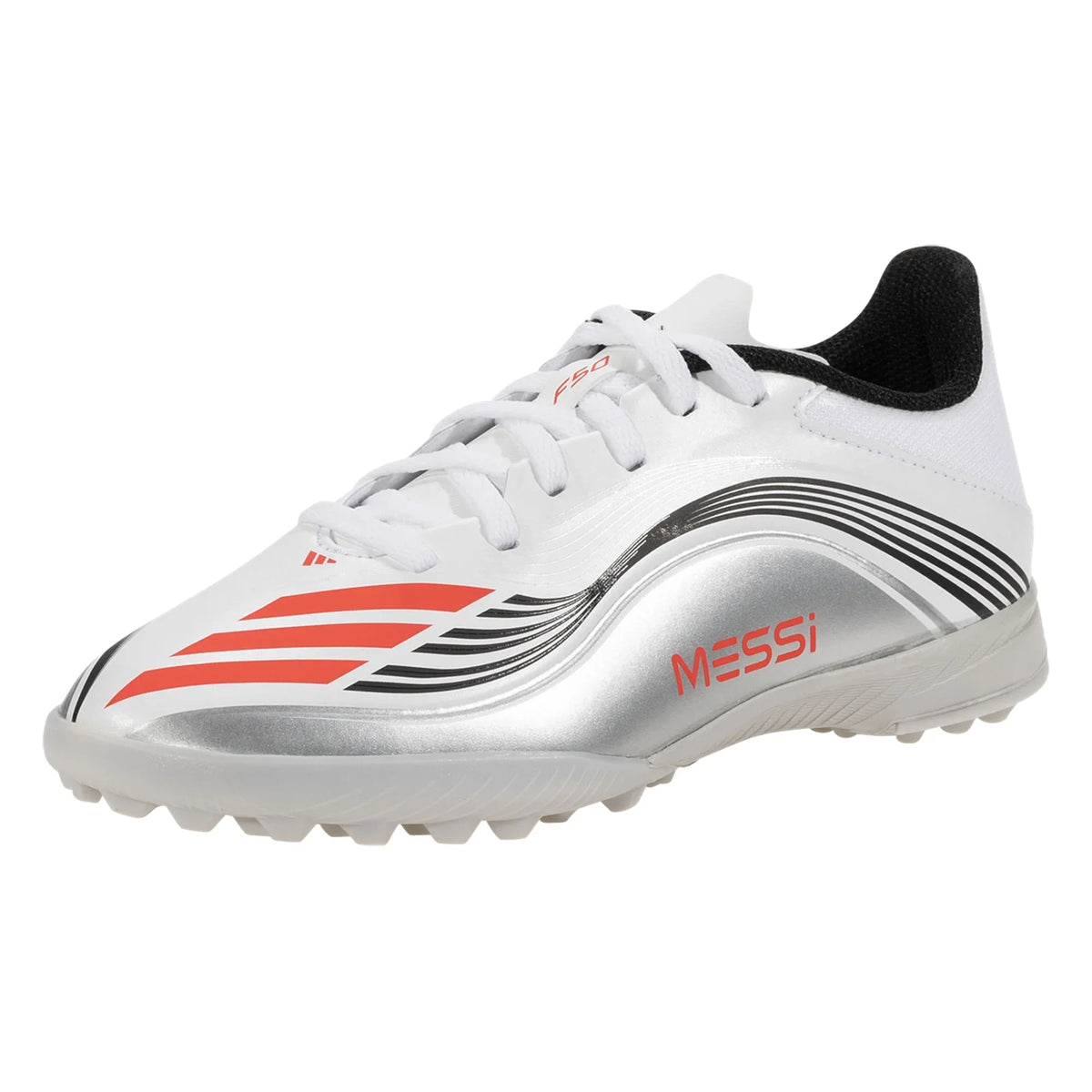 adidas F50 MESSI LEAGUE TF JUNIOR TURF CLEAT - Lucid Red/Silver Metallic product image 1, provided for visual reference and