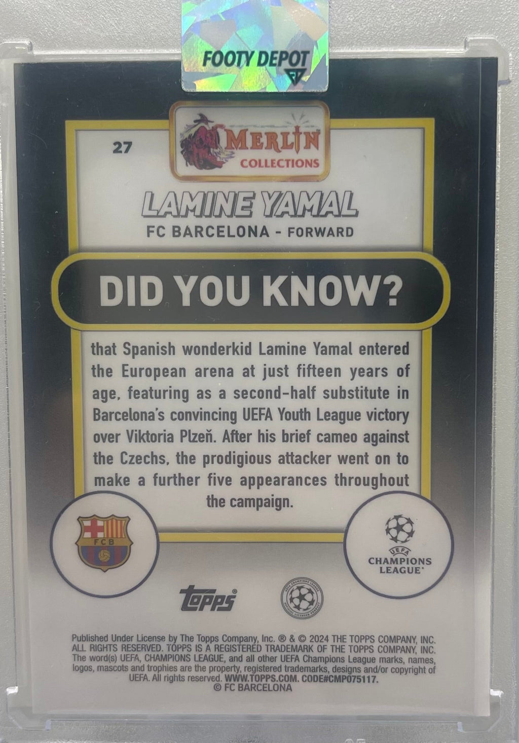 23/24 Topps Merlin Lamine Yamal Aqua Rookie Card product image 2, provided for visual reference and product detail review