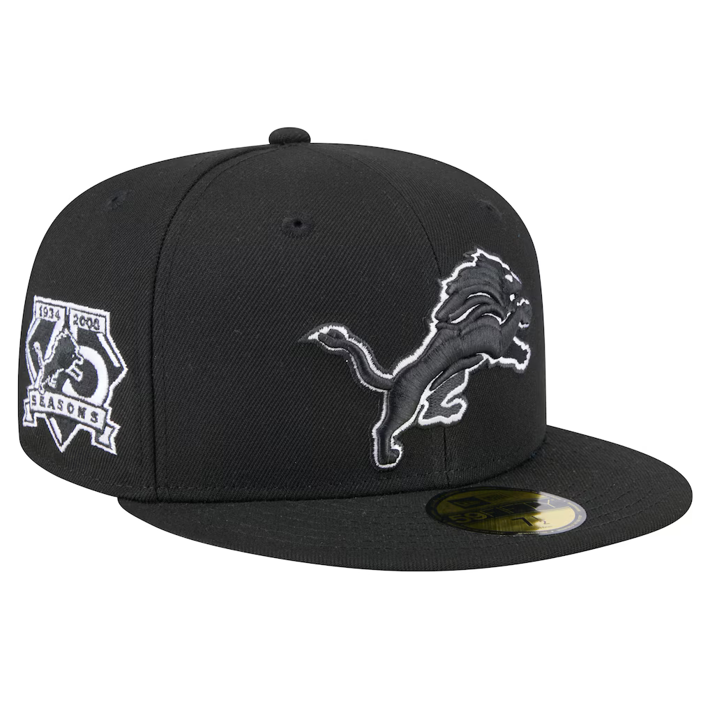 New Era Detroit Lions 75th Season Side Patch 59FIFTY Fitted Black & White Hat product image 1, provided for visual reference
