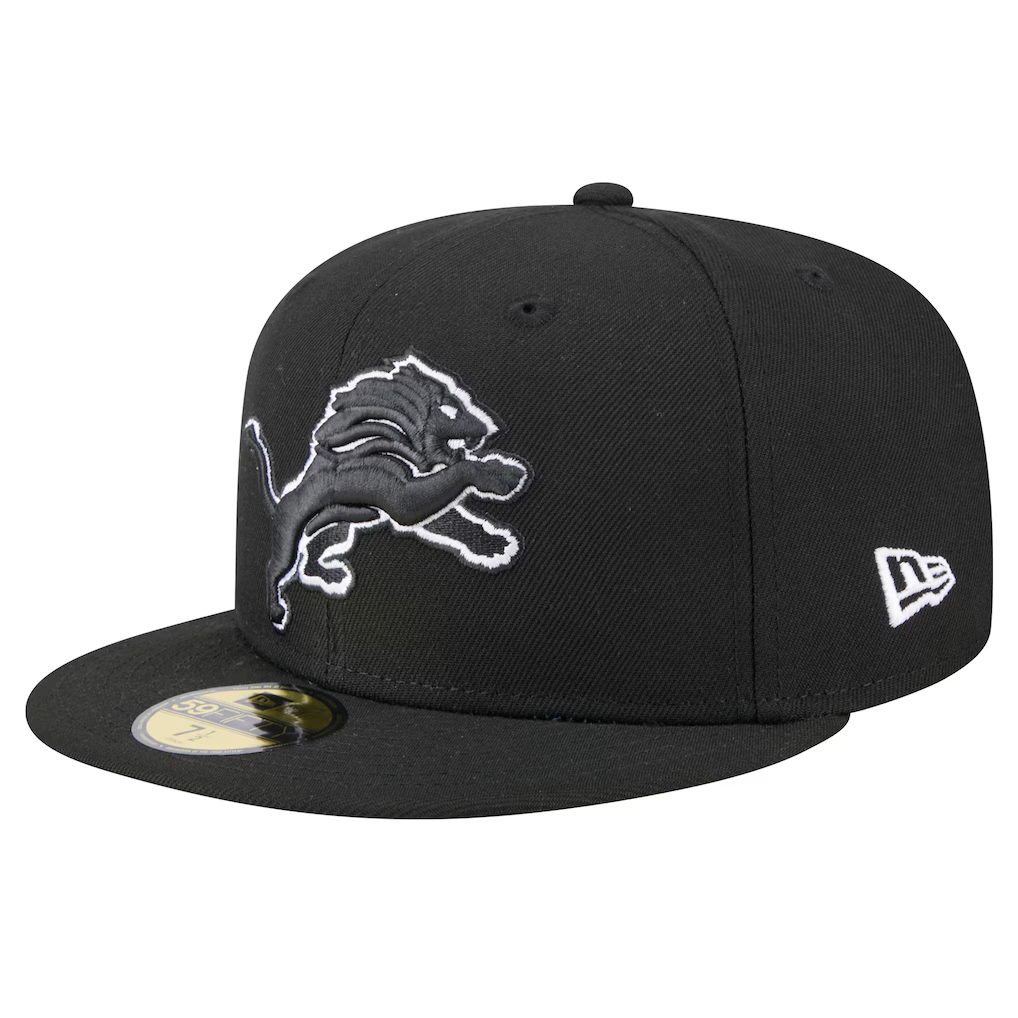 New Era Detroit Lions 75th Season Side Patch 59FIFTY Fitted Black & White Hat product image 2, provided for visual reference