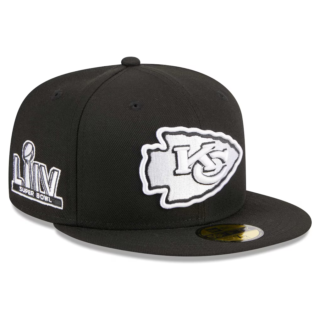 New Era Kansas City Chiefs LIV Super Bowl Side Patch 59FIFTY Fitted Black & White Hat product image 1, provided for visual