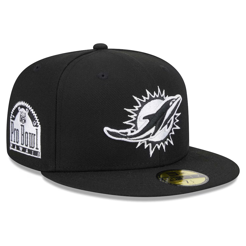 New Era Miami Dolphins 1993 Pro Bowl Side Patch 59FIFTY Fitted Black & White Hat product image 1, provided for visual
