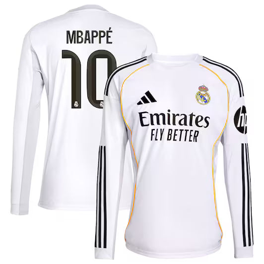25/26 Youth Real Madrid Long Sleeve Home Mbappe Jersey product image 1, provided for visual reference and product detail