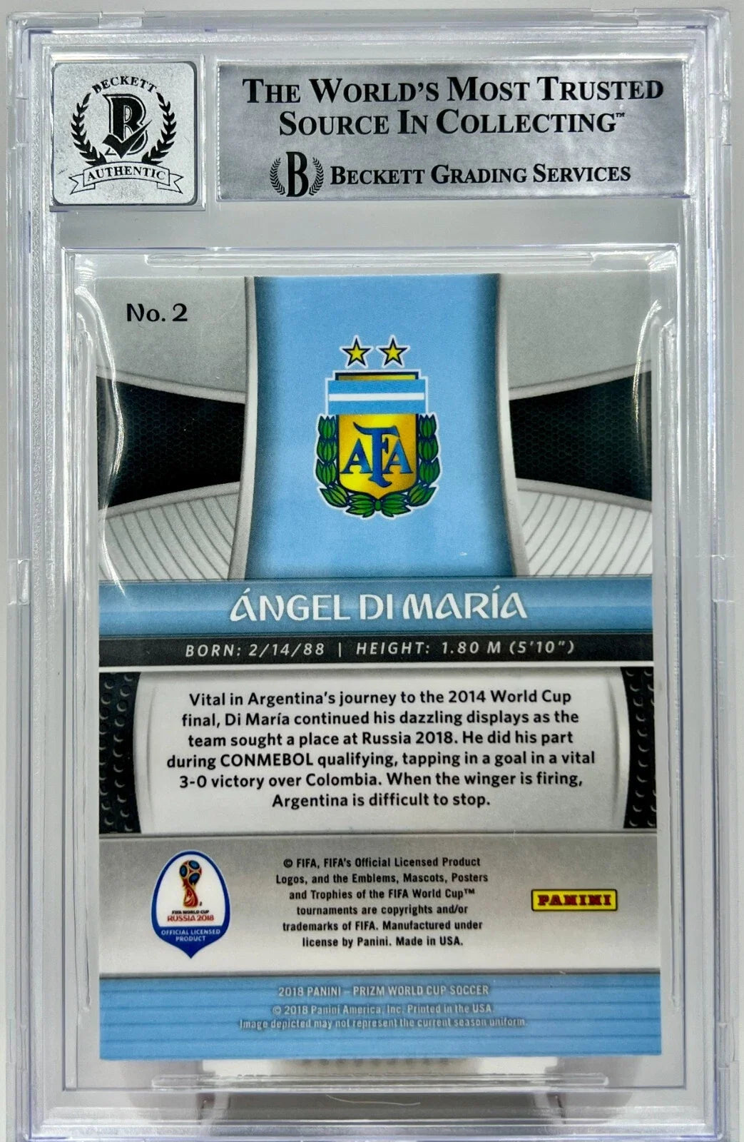 2018 Panini Prizm World Cup Signed Angel Di Maria #2 Beckett BAS Auto Grade 10 product image 2, provided for visual